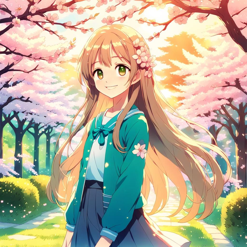Anime Woman in Cherry Blossom Garden