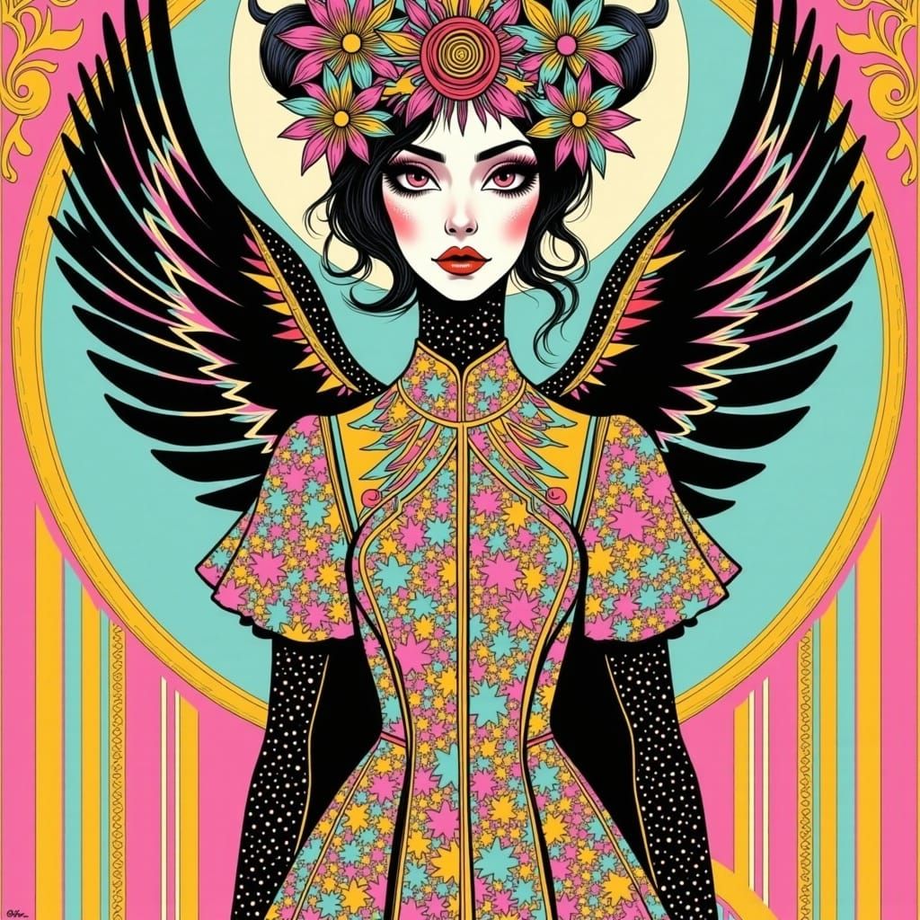 <lora:DoomFunk:1.0> comic illustration, flower demon tiefling woman shiny real weird surreal, flat color, cel shading, decoupage, monster fl...