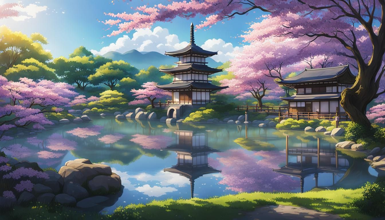 Japanese garden with a pagoda   by @Bunnzo