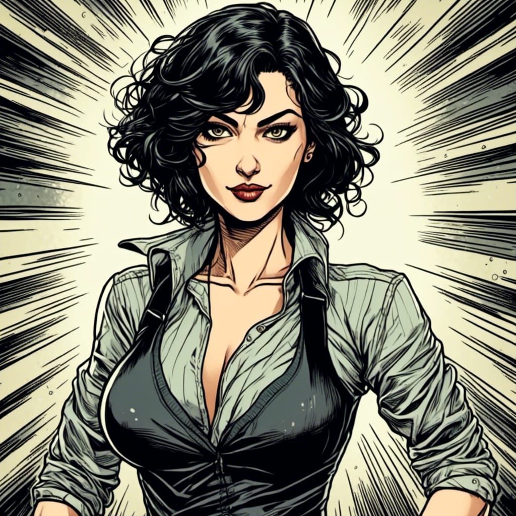  <lora:Comic Style:1.0>Attractive woman, black hair, fully clothed, portrait, comic style