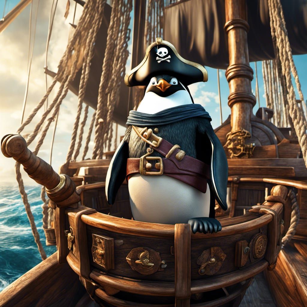 The captain pirate penguin on the pirate ship photorealistic ...