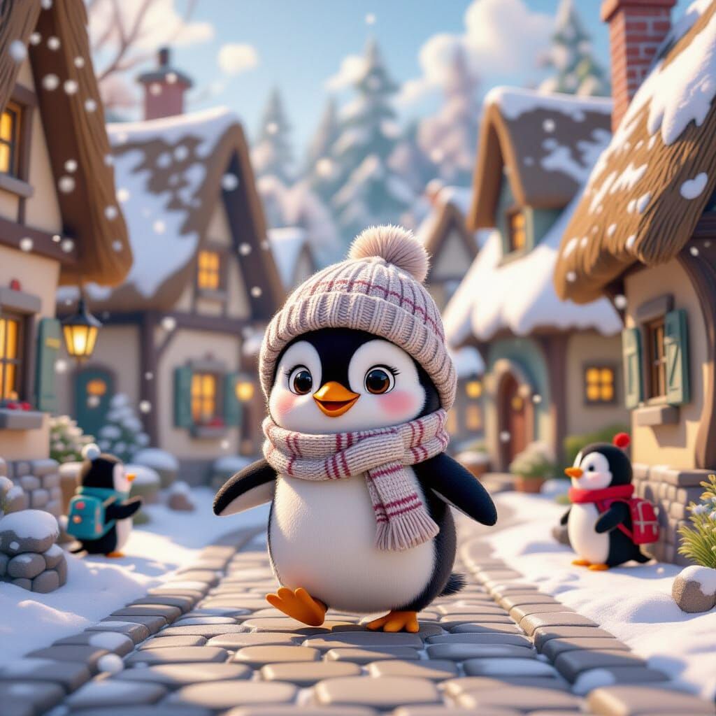Charming 3D Penguin in Winter Village