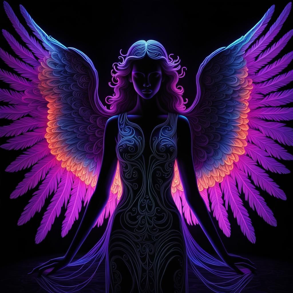 Neon angel silhouette in the darkness, black light art  by @ATJIuKA