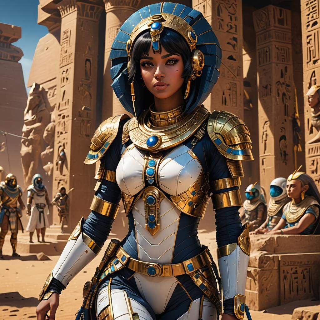 a beautiful young Cleopatra in spacesuit using a mobile telephone in ...