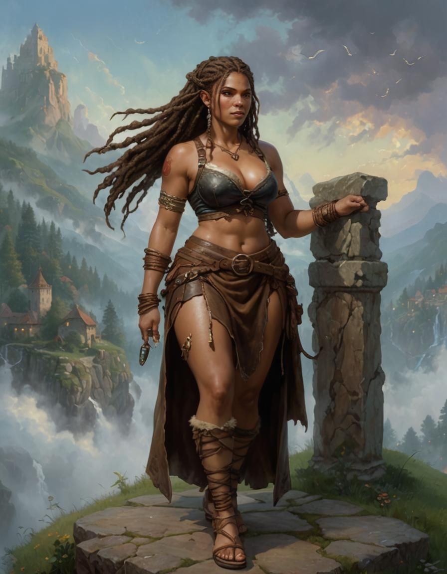 Half-Ogre Girl, about nine feet tall, short tusks protruding...