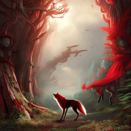 Little Red riding hood with a wolf, amazingly hyperdetailed,...