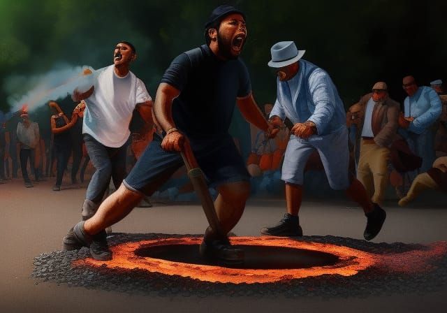 man walking on hot coals, screaming, pain, illustration, extreme detail,