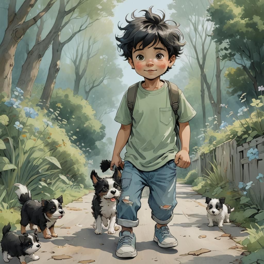 whimsical little boy making a silly whimsical face, with messy black hair, hazel eyes, wearing light ...  by @Nednut4362