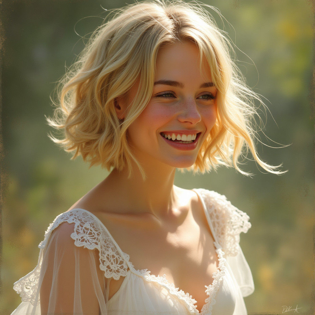 a woman, character portrait, flowing white dress, shorter blonde hair, laughing