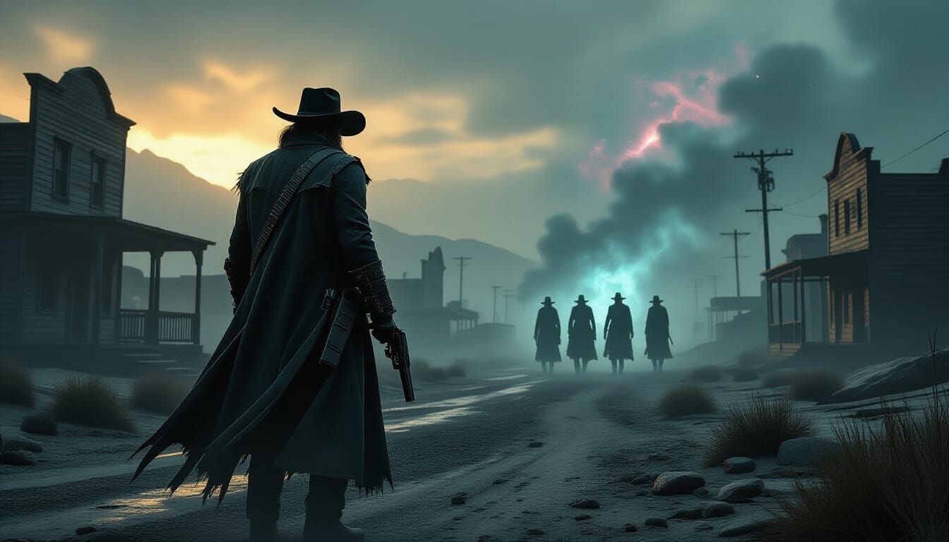 A lone gunslinger, cloaked in dust and shadows, faces down a spectral posse in a desolate, post-apocalyptic ghost town. The air crackles wit...