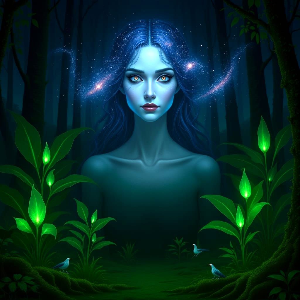 A majestic, ghostly woman's face made of pure starlight and eyes like distant galaxies in a forest of giant, glowing plants. The woman's hai...