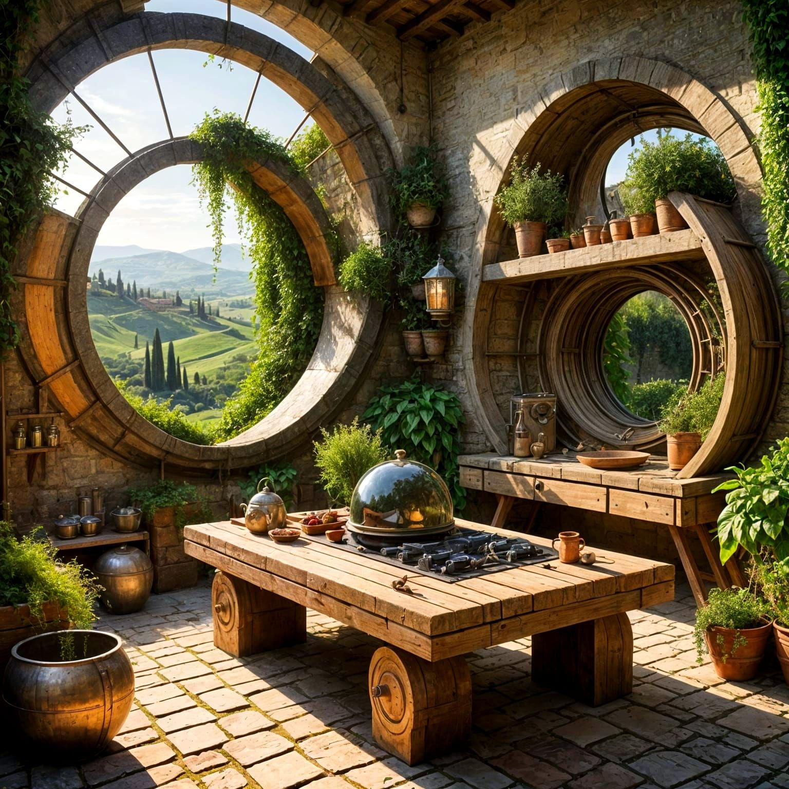 Medieval Solar punk appliances and systems in Tuscany. In the countryside.  by @Maria-Dolores