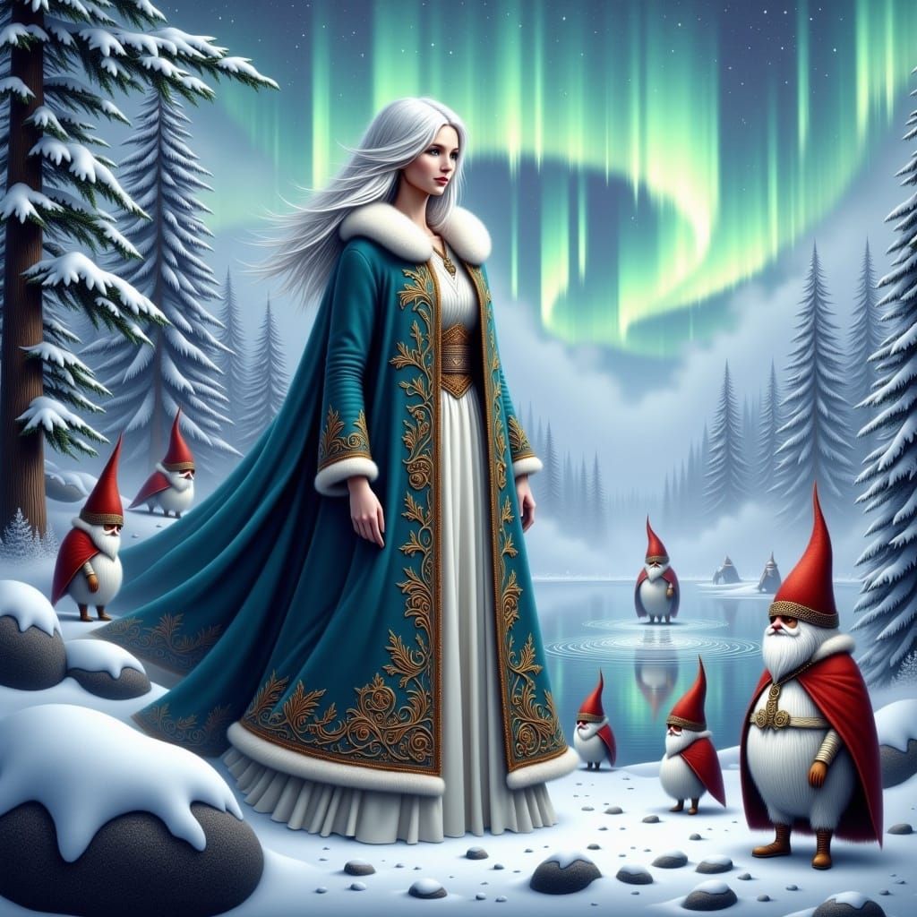 <lora:White Fantasy:1.0>Snowwhite and the seven Nordicgnome in a Winterscene Landscape, Hyper-detailed 3D glossy oil airbrush artwork