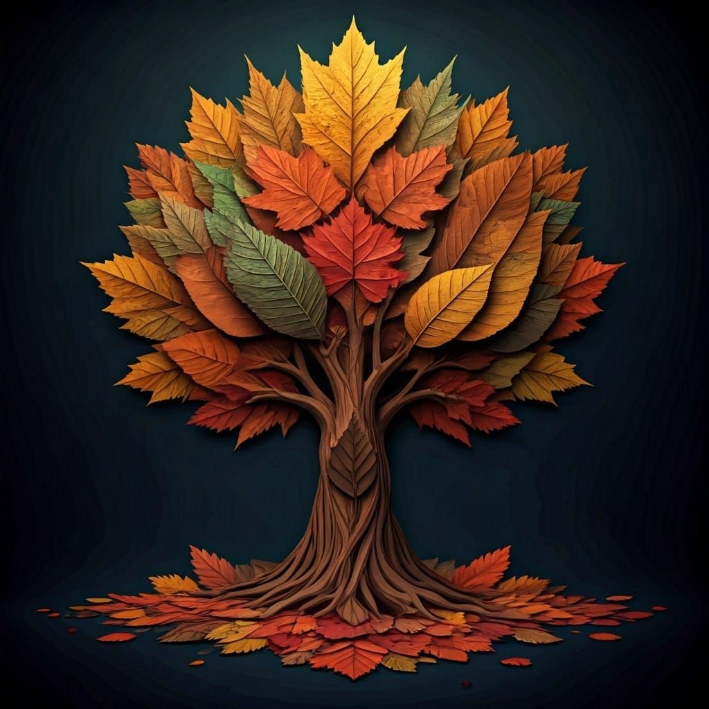 A colorful collage of layered paper leaves in different shapes and sizes, forming a vibrant fall tree ...  by @FrodoYouFool