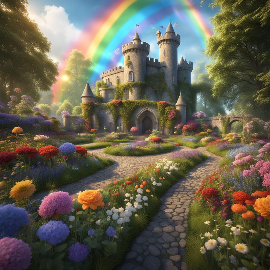 Irish castle flower garden with rainbow flowers