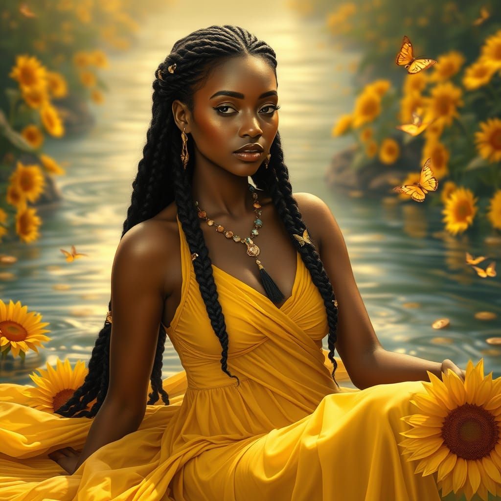 Golden Goddess in Sunflower Tapestry
