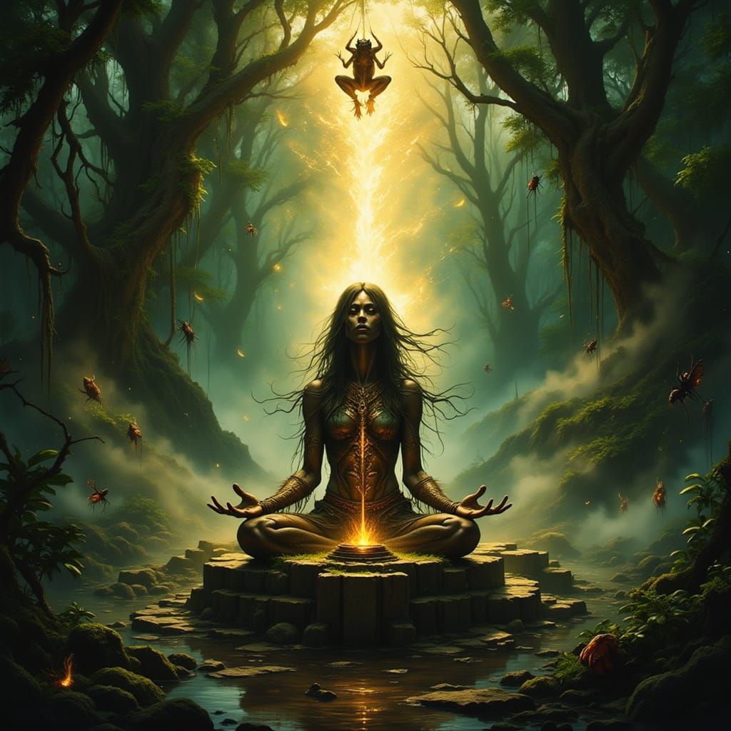 Mystical Shaman in Rainforest, Dissolving into Light