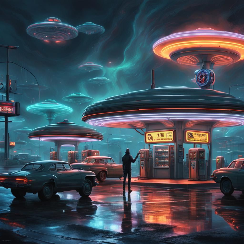 gas station for flying saucers staffed by grey aliens 👽  by @Alison