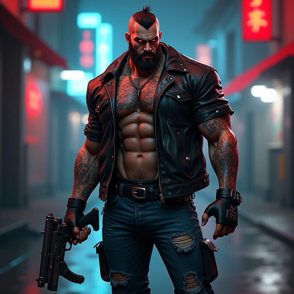 Menacing Tattooed Figure in Gritty Urban Anime Style