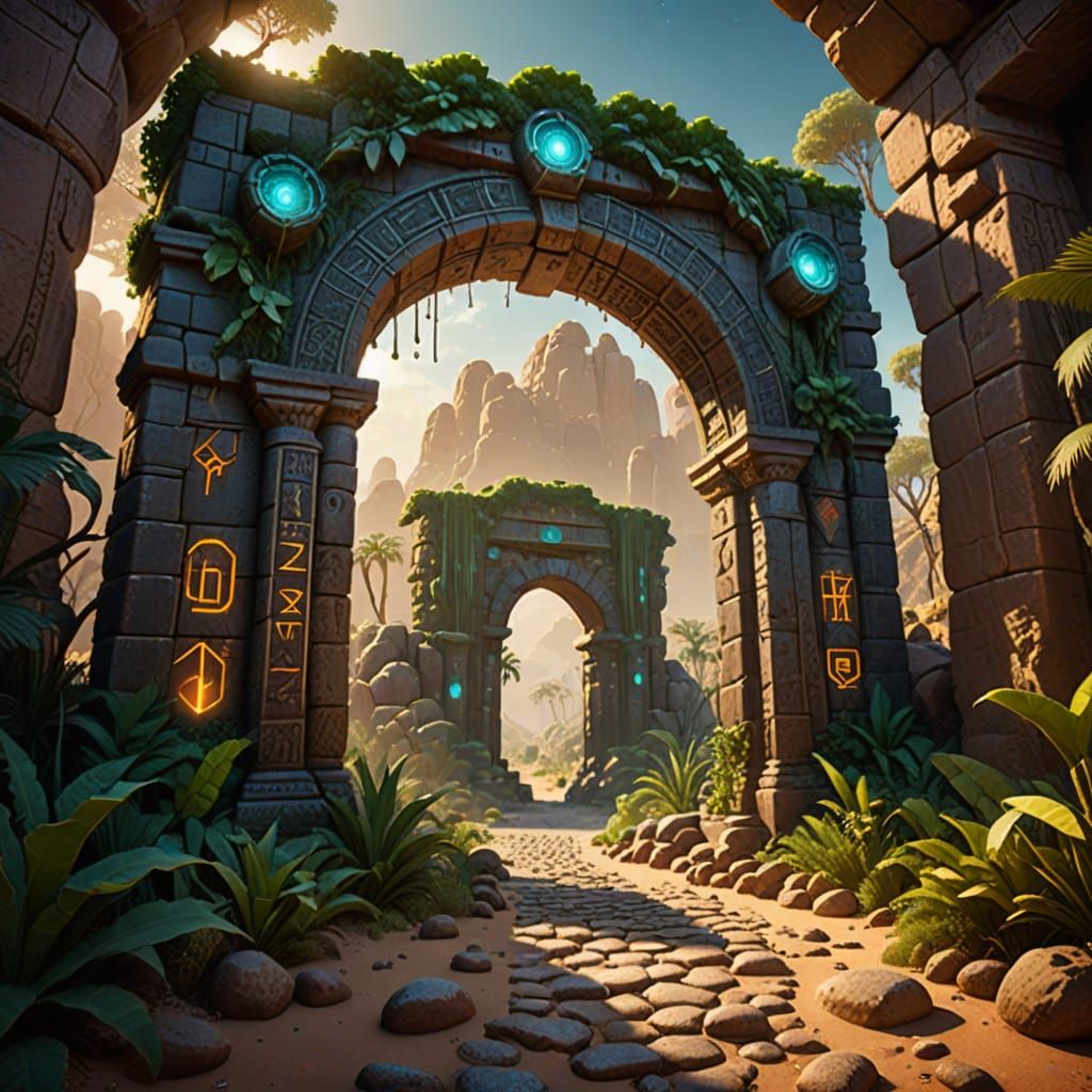 Photograph. Wide shot.A colossal, ancient cobblestone archway, encrusted with bright glowing runes, stands in a cinematic desert landscape. ...