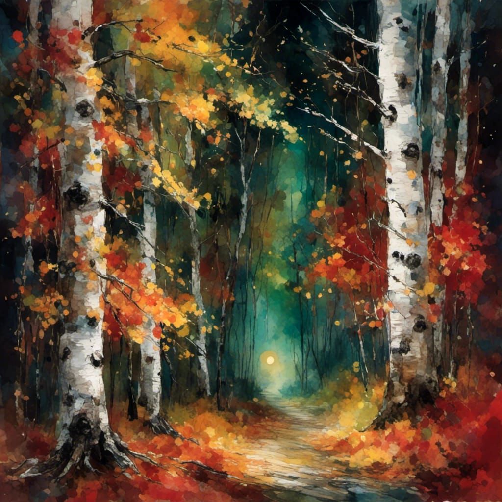 <lora:Vision In Watercolor:1.0> darkest nighttime, bright moon, focus on dark human shape between birch ...  by @ValerieS