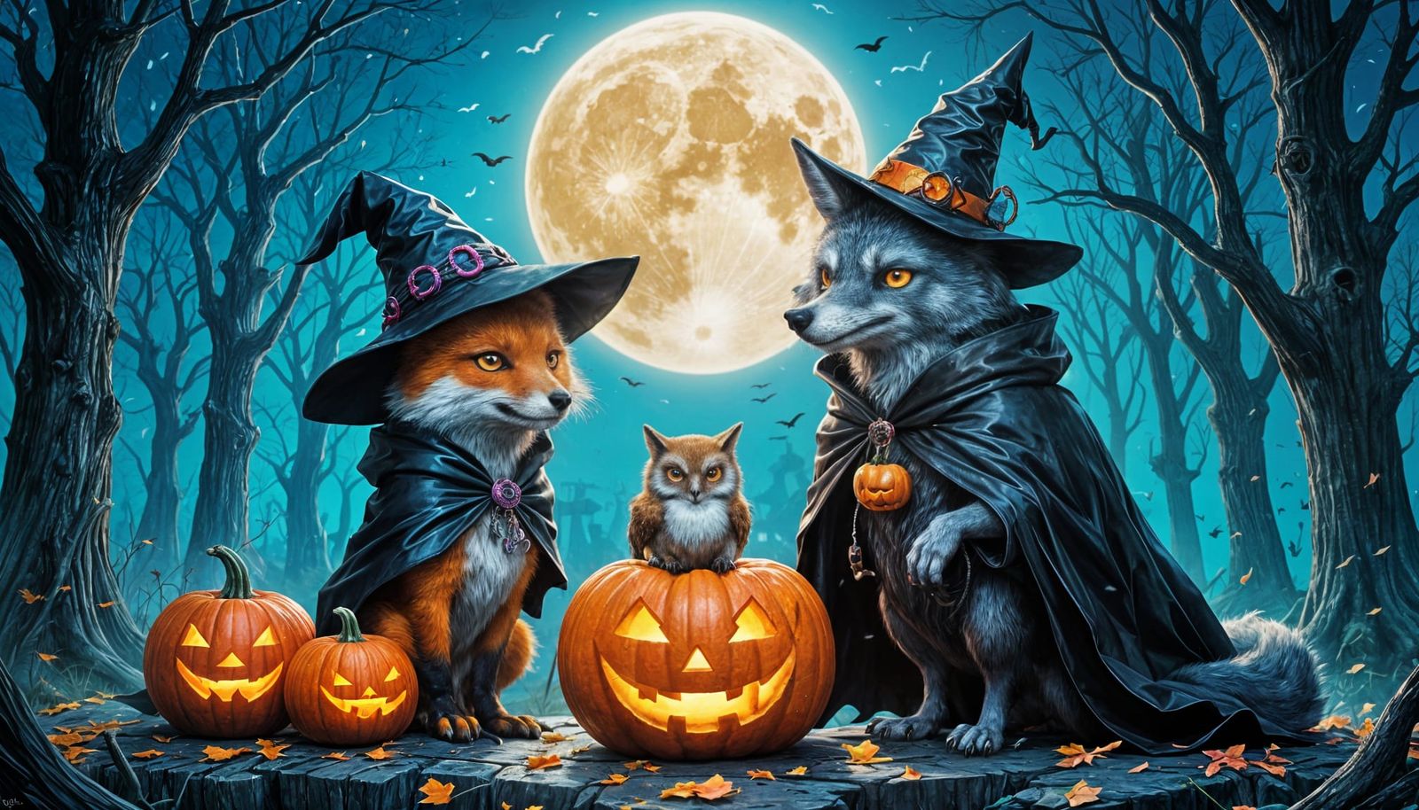  A group of forest animals gathered in bright Halloween costumes under  by @Perl