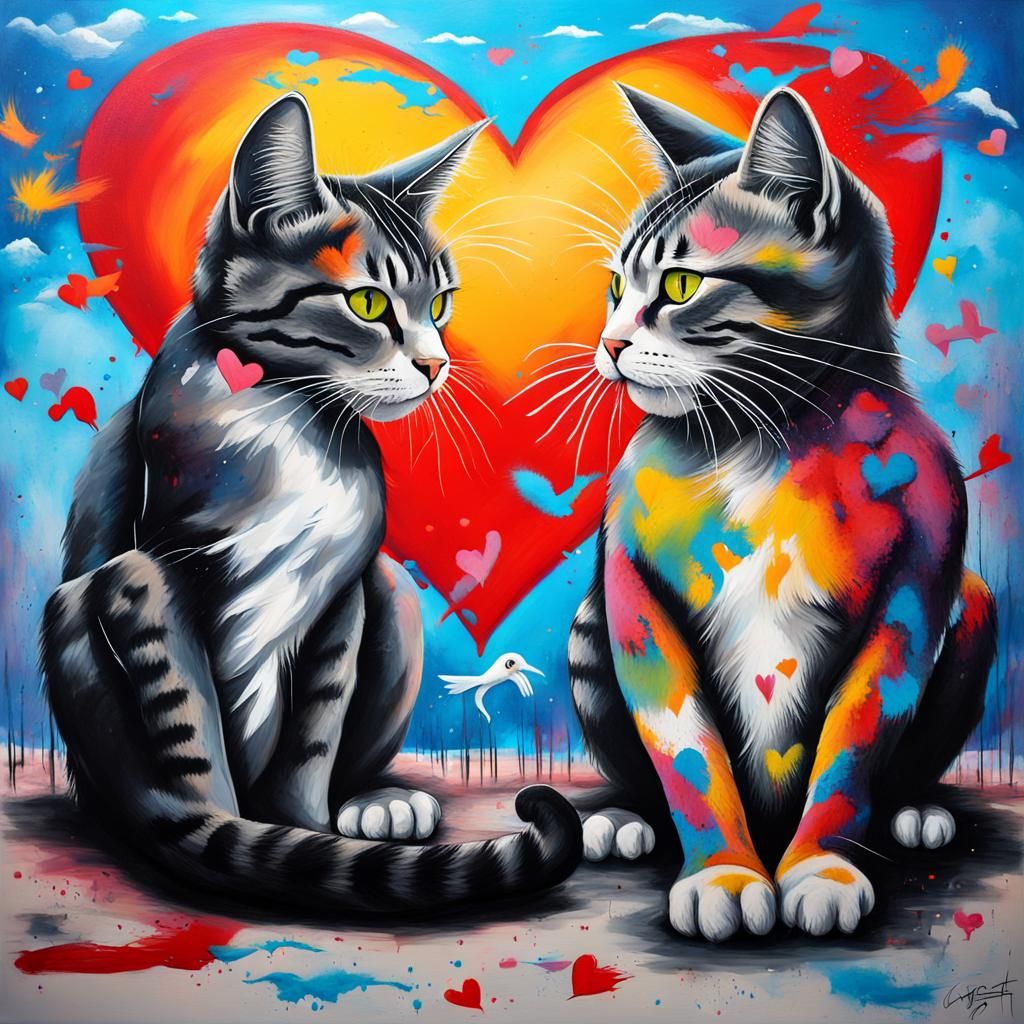 Two cats are in a romantic relationship, the letter y is wri...