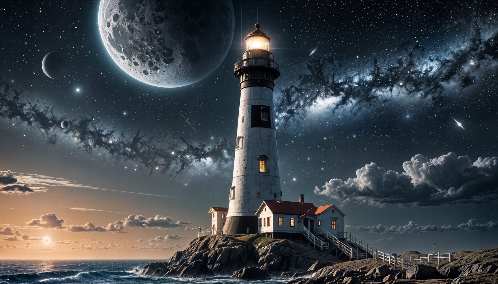 Lighthouse, moon, milky way  by @Alan