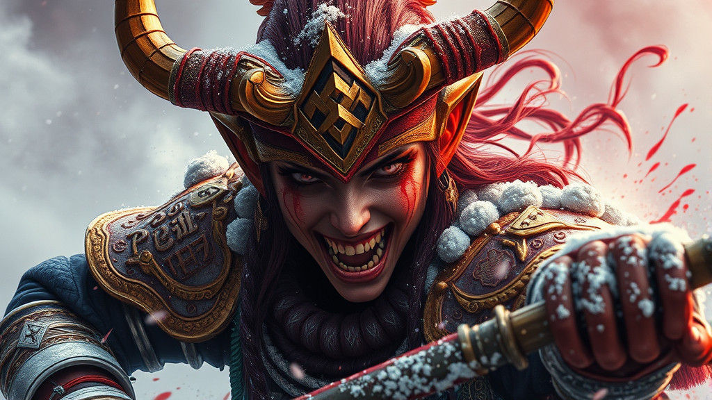 female oni warrior fighting in snow with smoke and blood