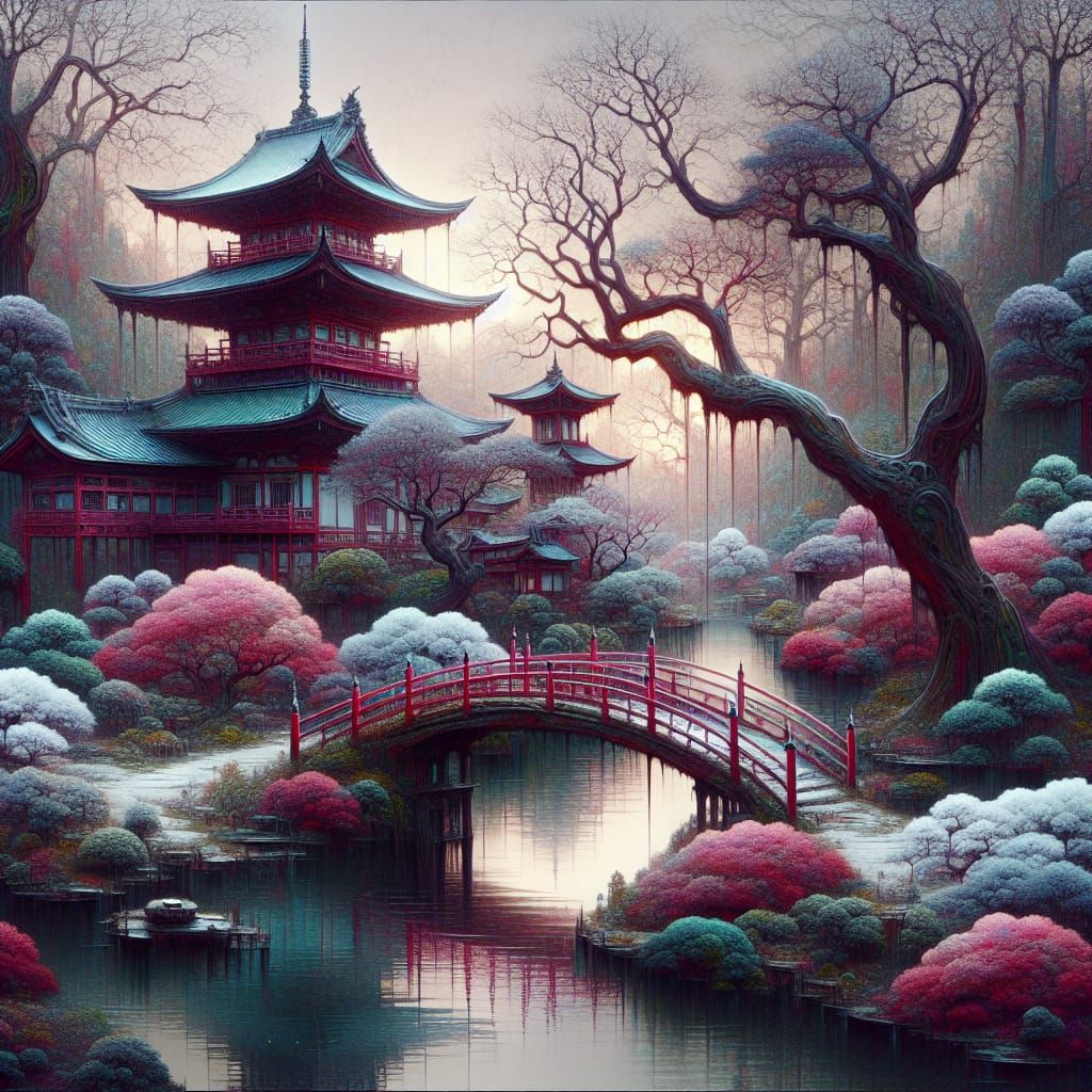 11d A serene Japanese garden with a red bridge, traditional pagodas ...