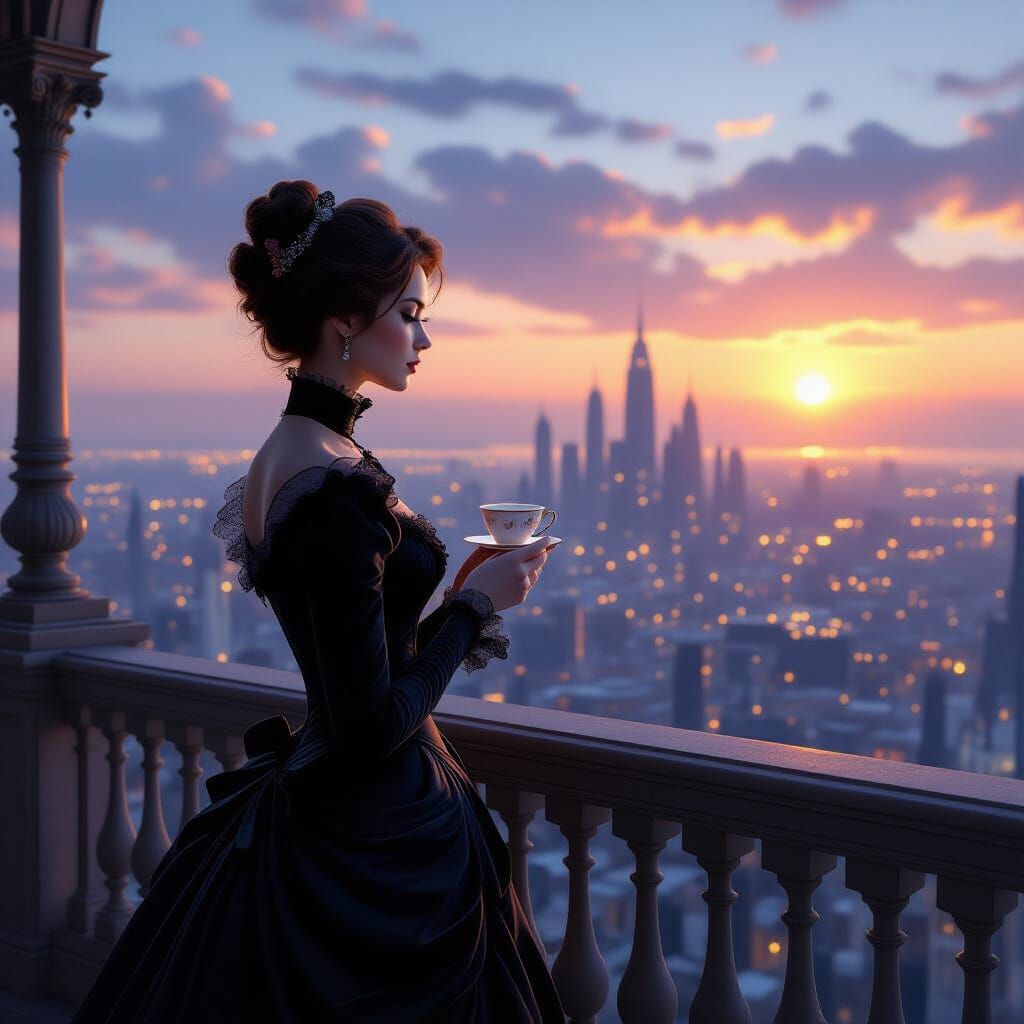 A solitary, elegant woman in a Victorian-era gown stands on a balcony overlooking a sprawling, futuristic ...  by @Maria