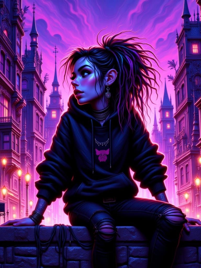Woman with Colorful Dreadlocks Gazes at Neon Cityscape