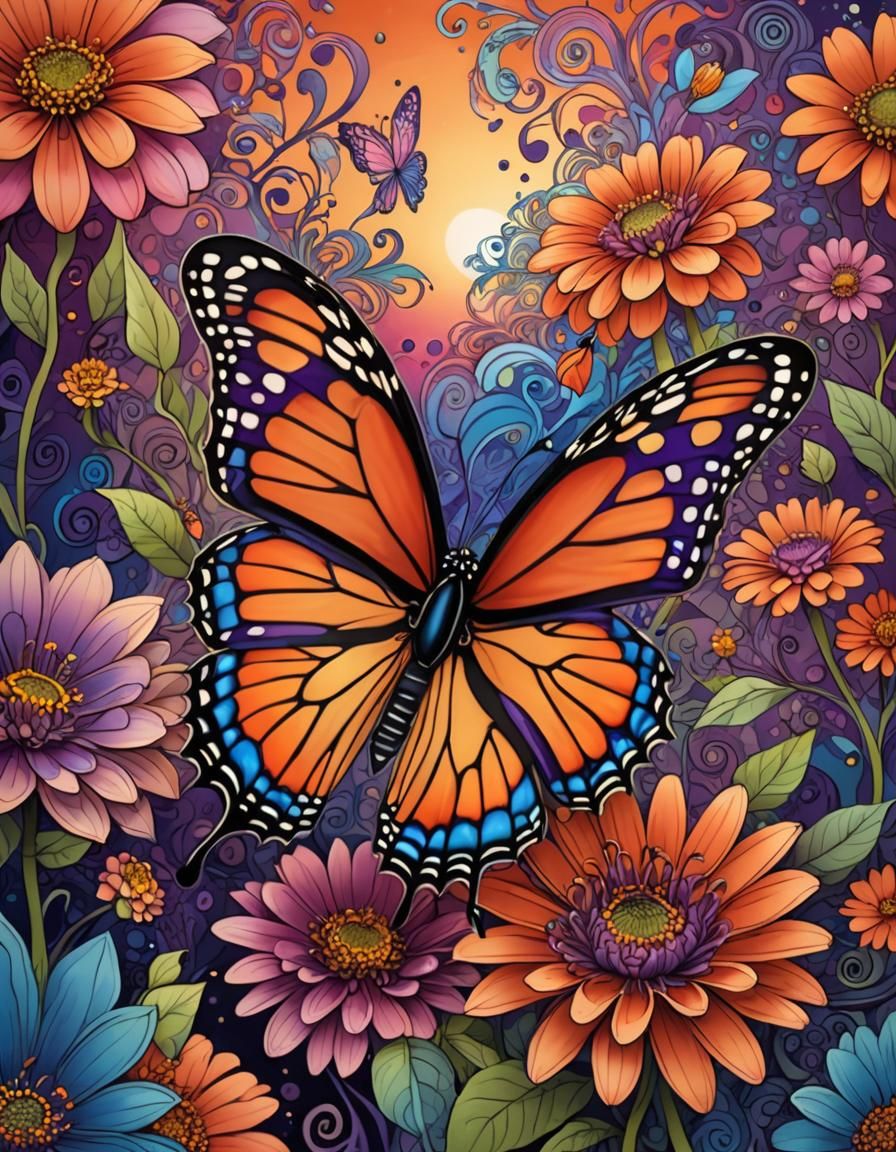 Monarch butterfly sits on a zinnia at sunset