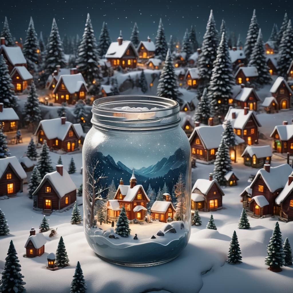 Mason jar with snow covered Christmas village inside 