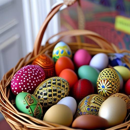 A basket of decorated eggs