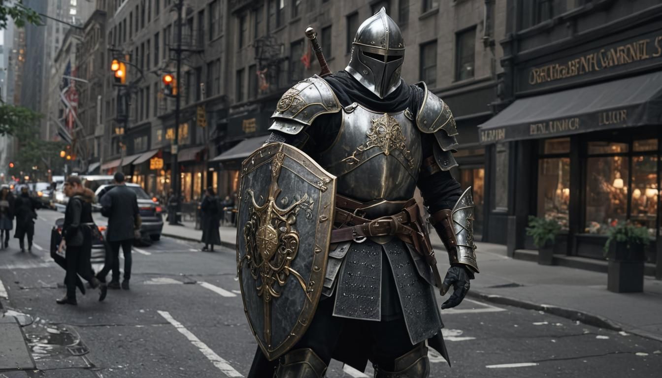 a medieval warrior browsing on fifth avenue  by @Dustman