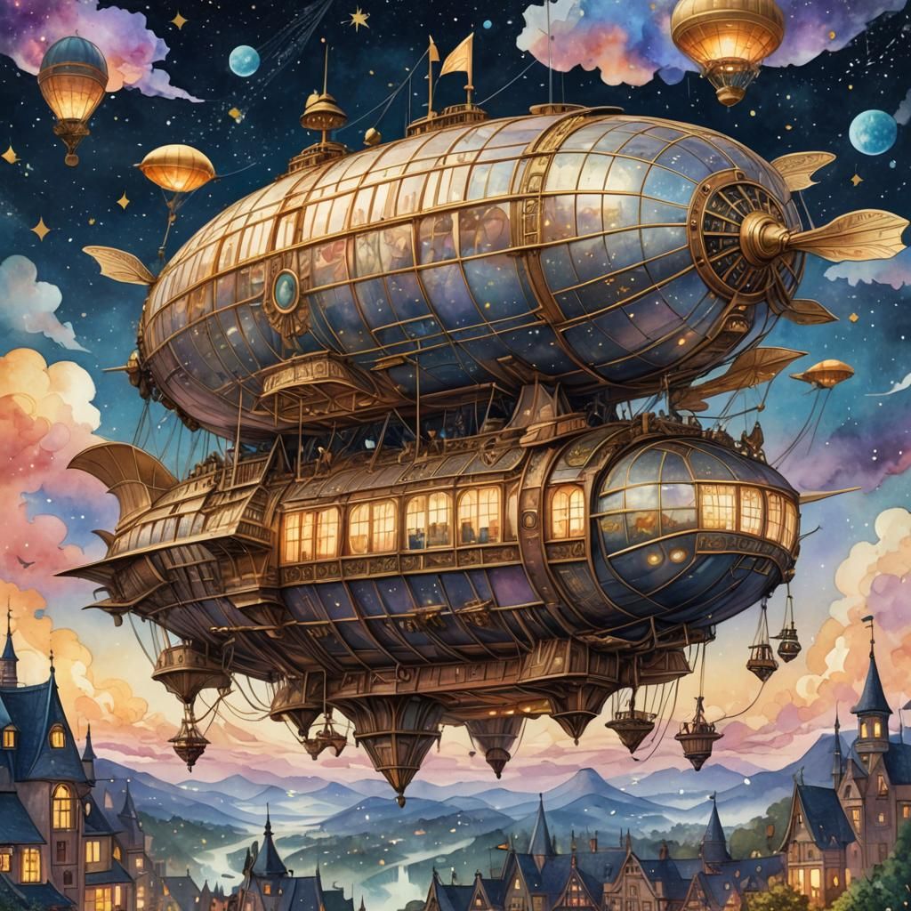 Vibrant whimsical airship flies