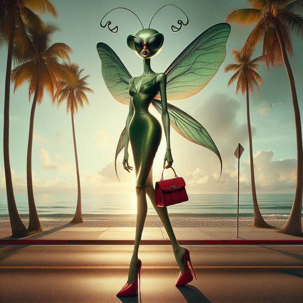 Smooth motion video of an empty walking shore on a tropical island next to the ocean when a humanoid green alien-fairy’ ...