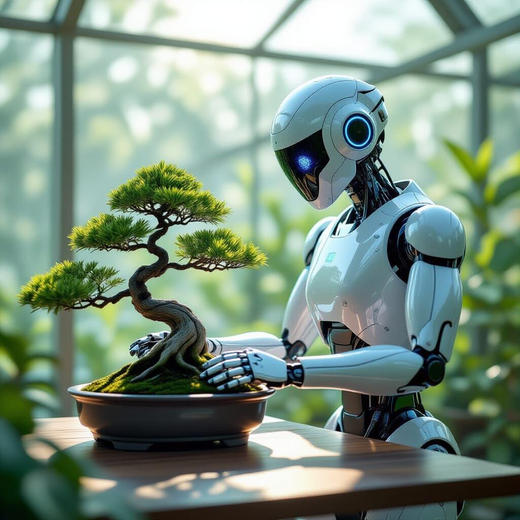 Futuristic Robot Tends Bonsai in Sunlit Greenhouse