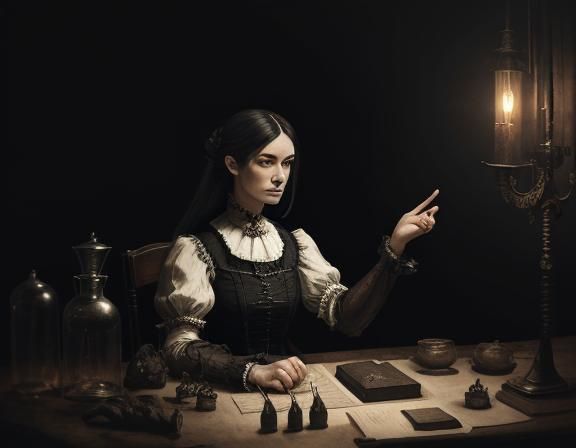 a female Victorian anatomist in her laboratory. Victorian, B&W, Grey-scale, sepia  by @Amanda