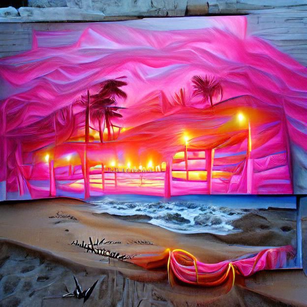 Pink sunset under the beach glowing neon detailed painting