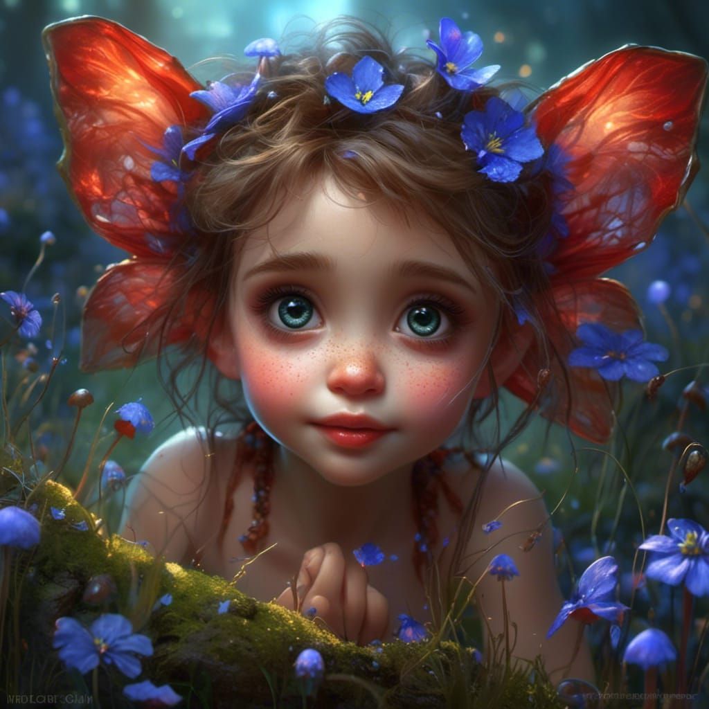 <lora:FANTASY WORLD:1.0> a portrait of beautiful cute little fairy with glowing wings, pretty face, big eyes, shining skin, delicate dress,...