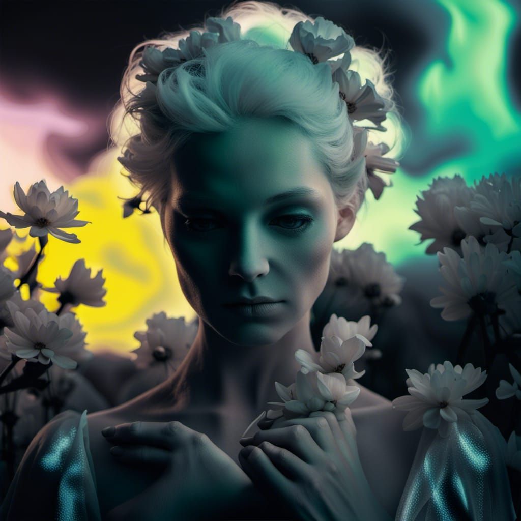 Haunting  infrared photo of a pale white haired fairy like  ...