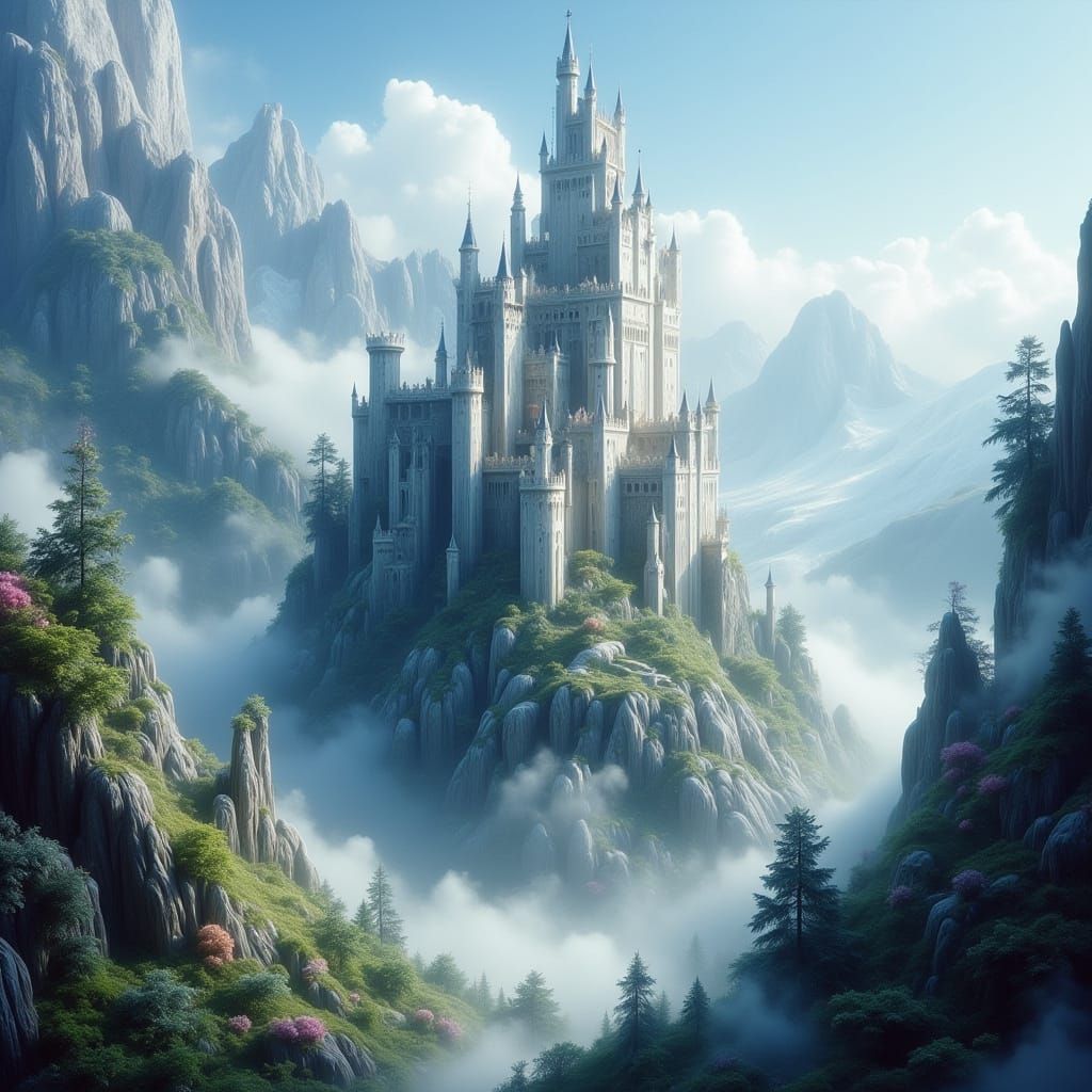 A white stone castle tower visible through a haze of mist on a lofty mountain slope, fantasy adventure world, rich colors, blue sky above, n...