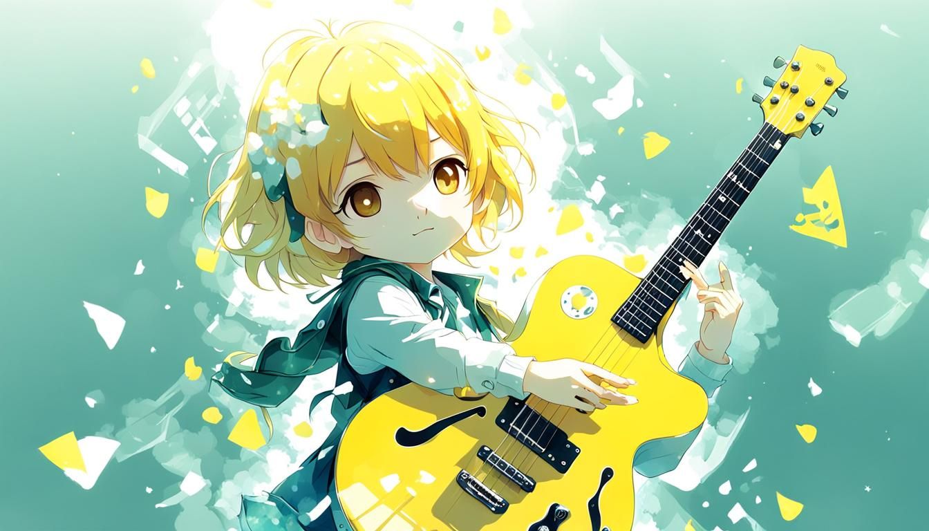 double exposure a cute baby yellow guitar