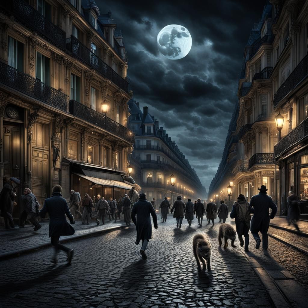A viscous, angry, menacing werewolf stalks the dim moonlit s...