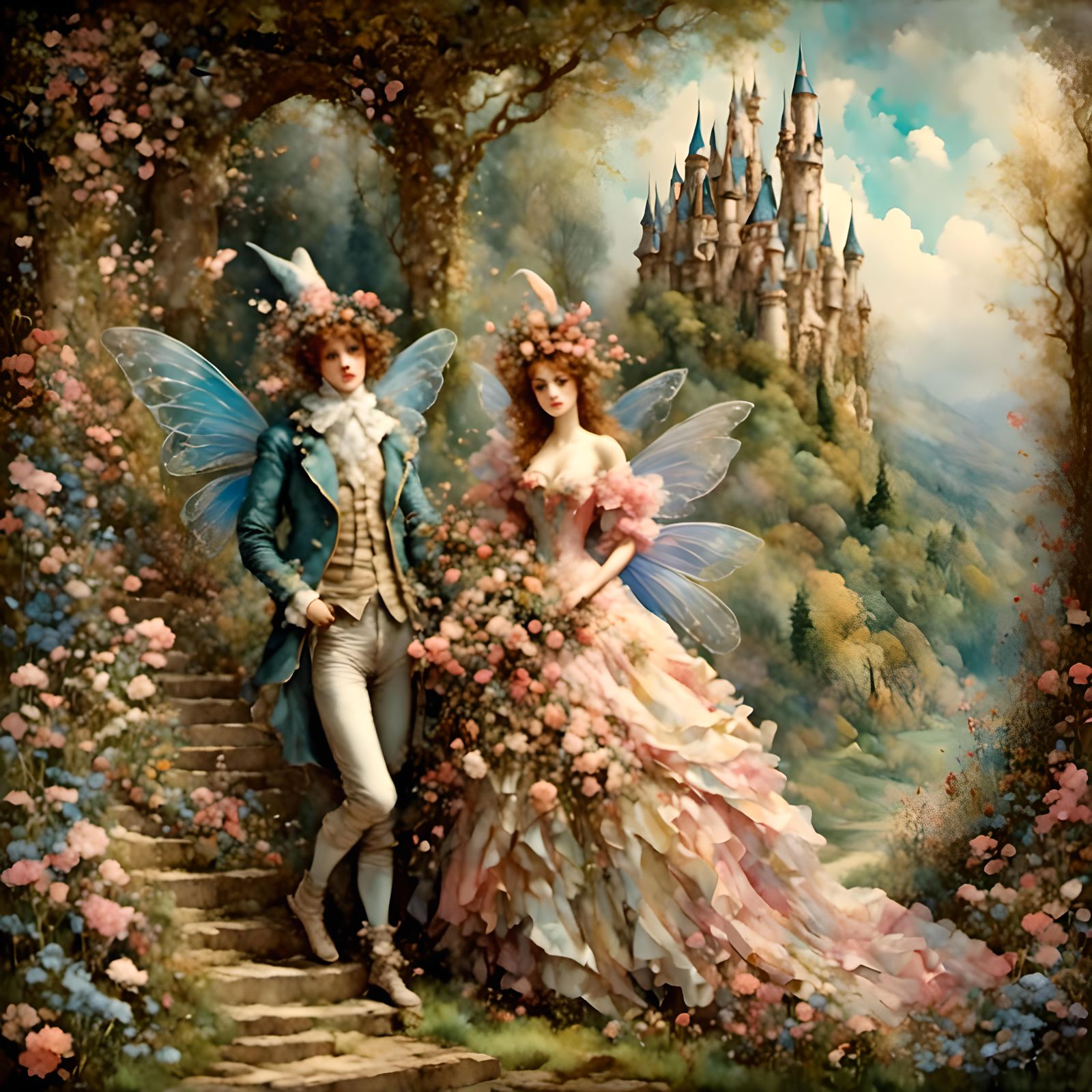 Victorian Fairy Couple, castle <lora:TallBunny1:1.0> flowers