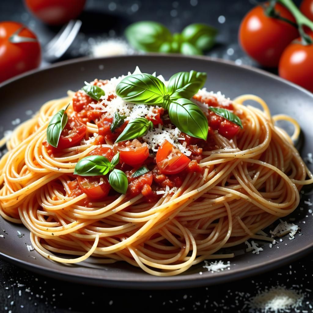 Spaghetti with tomato sauce, basil leaves and grated parmesan cheese: simple but delicious!  by @LoreMakou