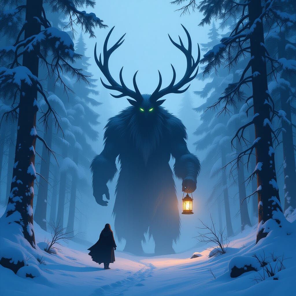 Antlered Giant Guides Travelers Through Snowy Forest