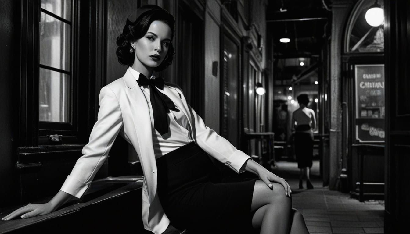 Chic A woman in a black tuxedo her hair is pulled up a black hat her head is thrown back a